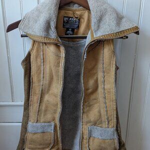 KUHL Dani Sherpa Vest XS Tan Almond full zipItalian faux leather Extended collar